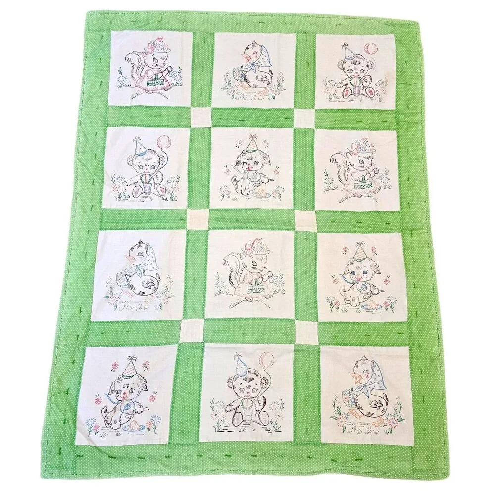 Vintage 60s Kitschy Baby Quilt Hand Stitched‎ Animals Patchwork Green 34.5 X 45